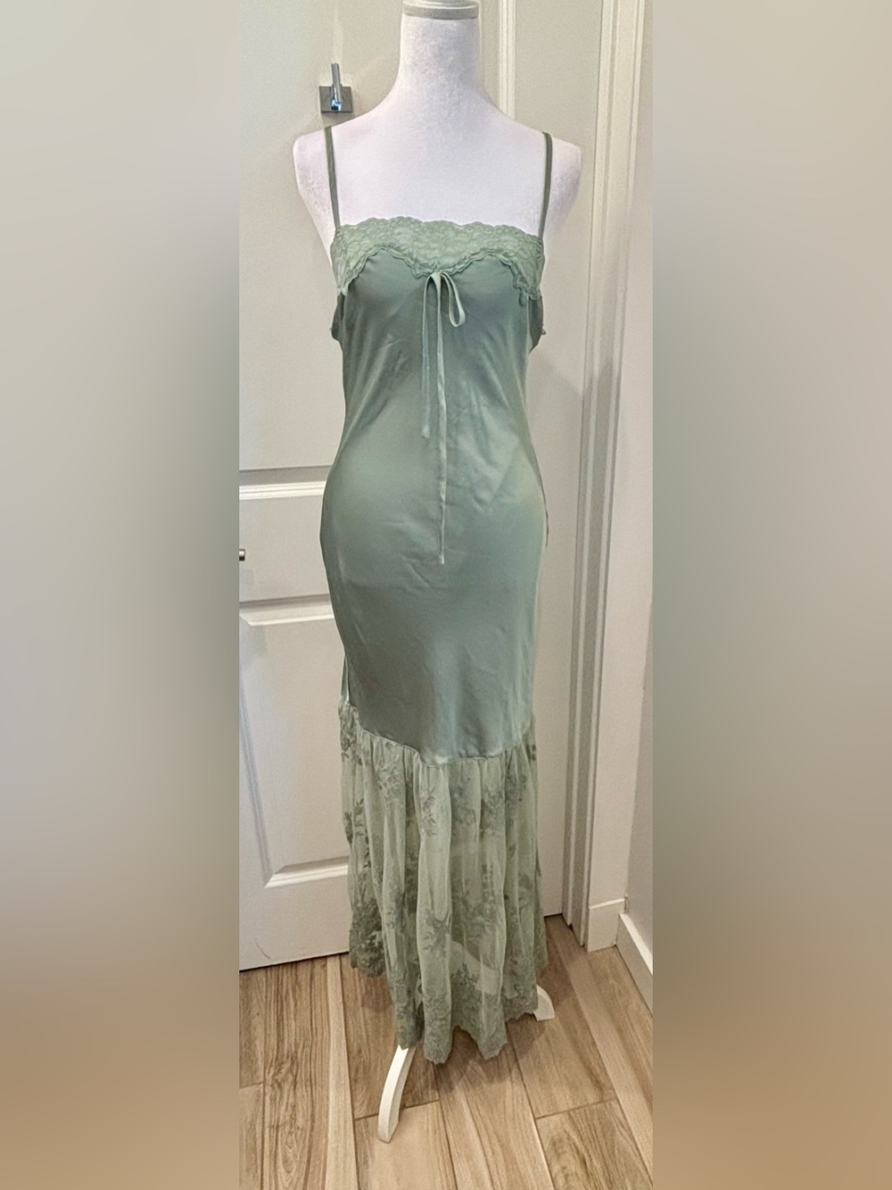 NWT Thirty Thirty Sage Green Lace Trim retro Slip Maxi Dress- S